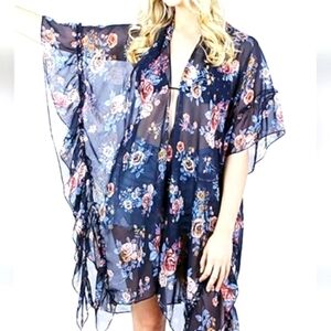 David and Young Kimono Floral Semi Sheer Ruffle Black Pink Cover Up One Size
